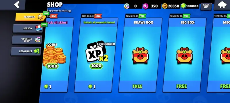 Nulls Brawl shop with unlimited gems balance